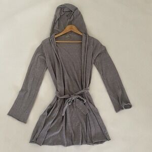 Athleta Knit Hooded Open Short Duster Cardigan Small Grey Belted Beach Cozy Robe